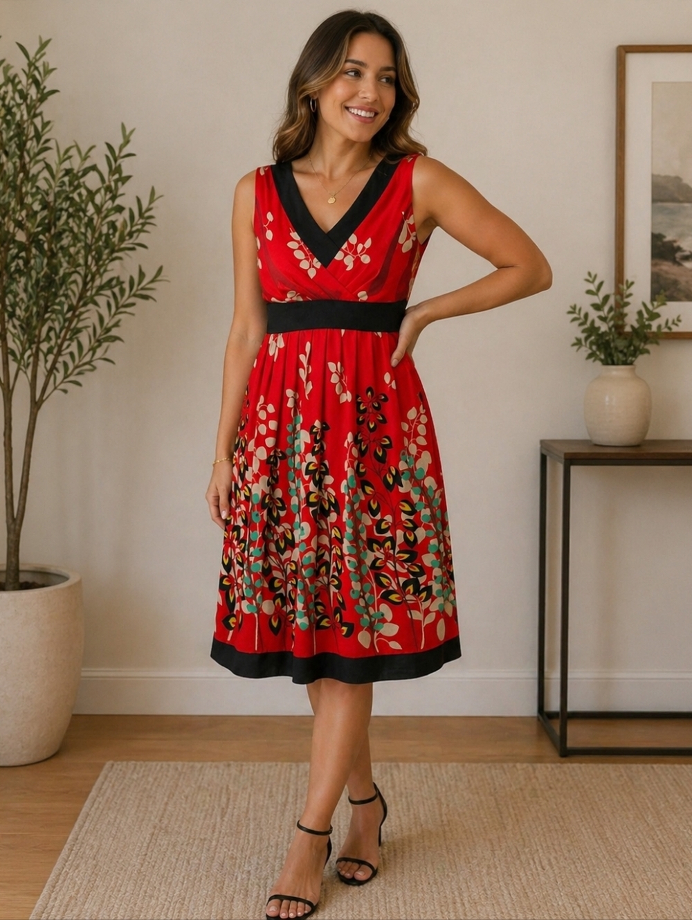 Jonathan Martin Floral-Print Red Summer Dress 6